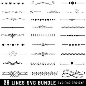 以下が含まれることがあります： ハート、ドット、フローラル要素、音符、幾何学模様など、28種類の黒い線デザインのコレクションです。「28 LINES SVG BUNDLE」のテキストが下にあります。