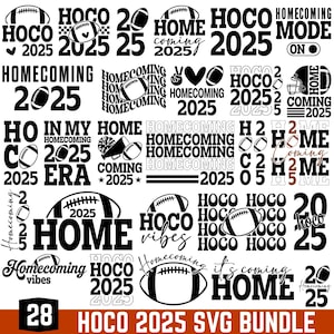 May include: A collection of black and white Homecoming 2025 themed designs, including footballs, text, and graphics. The designs feature phrases like "HOCO 2025", "Homecoming", and "Home". The image also includes the text "HOCO 2025 SVG BUNDLE" and the number "28".