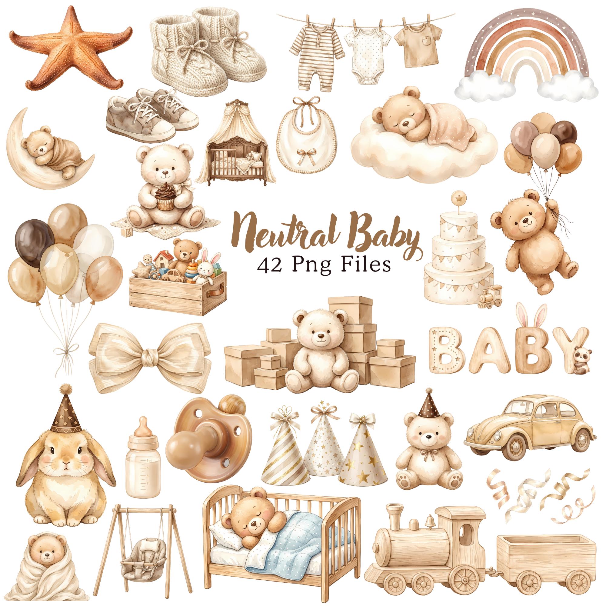 Neutral Baby Shower Clipart, Watercolor Teddy Bear, Beige Nursery Decor ...