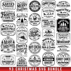 May include: A bundle of 93 Christmas SVG designs in black and white. The designs feature text like "North Pole," "Merry Christmas," "Hot Cocoa," and "Candy Canes," alongside festive illustrations.