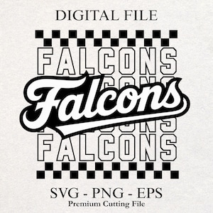 Puede incluir: Diseño digital en blanco y negro con la palabra "Falcons" en una fuente estilizada. El diseño incluye un "Falcons" en cursiva con una pancarta de estilo béisbol, y letras de bloque "Falcons" apiladas arriba y abajo. El diseño está enmarcado con un patrón de cuadros.