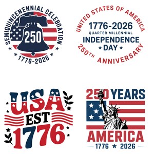 以下が含まれることがあります： アメリカ合衆国250周年を祝う4つの愛国的なデザイン。デザインには、自由の鐘、自由の女神、テキスト「USA EST 1776」が含まれています。配色は赤、白、青です。