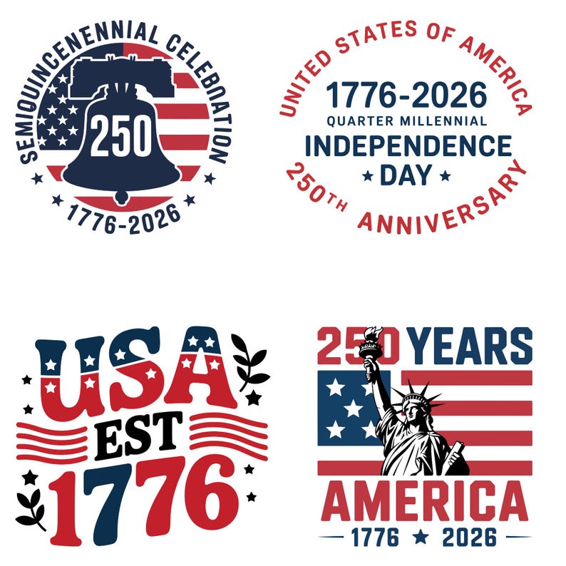 以下が含まれることがあります： アメリカ合衆国250周年を祝う4つの愛国的なデザイン。デザインには、自由の鐘、自由の女神、テキスト「USA EST 1776」が含まれています。配色は赤、白、青です。