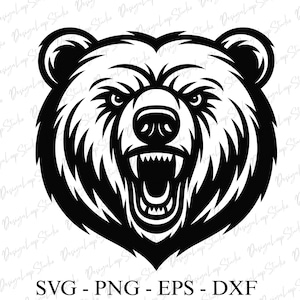 May include: A black and white illustration of a bear's head with an open mouth, bared teeth, and an aggressive expression. The image includes the text "SVG - PNG - EPS - DXF".