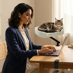 Puede incluir: Una mujer con una blazer azul marino escribe en un portátil en un escritorio de madera. Encima del escritorio, un gato descansa en una cama para mascotas de color crema sujeta a un brazo ajustable negro. El gato tiene pelaje marrón y negro.