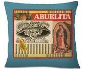 Mexican FOLK Art Pillow Cover Southwest Decor Day of the Dead Grandmother Abuelita European Linen backing