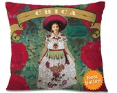 Mexican CHICA Accent Pillow Cover Vintage Boho Design Southwest Decor Sustainable European Linen Backing