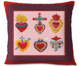 Mexican HEARTS Accent Pillow Cover Santa Fe Style Sustainable Linen Cotton Backing