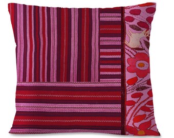 OAXACAN Folk Pillow Cover - Mexico - 16x16 - Southwest - Repurposed Folk Design - Purples - Pinks - European Linen backing