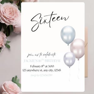 Sixteen Birthday Invitations, Party Invitation, Sweet Sixteen, Invitation Template, 16 birthday, Minimalist 16th Birthday, birthday invite