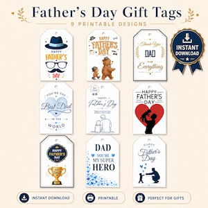 Op de afbeelding: Een verzameling van negen bedrukte Vaderdag cadeaulabels met diverse ontwerpen. De labels tonen teksten als "Fijne Vaderdag", "Beste Papa" en "Papa, je bent mijn superheld". Elk label heeft een unieke afbeelding.