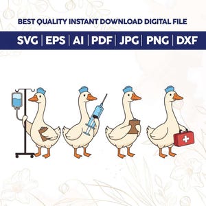 May include: Digital illustration of four cartoon geese in nurse uniforms, each with medical items: an IV drip, syringe, clipboard, and first aid kit. The image includes the text "BEST QUALITY INSTANT DOWNLOAD DIGITAL FILE" and file type abbreviations.