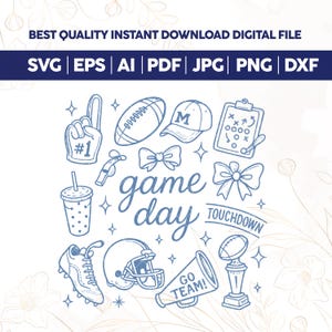 Puede incluir: Un archivo digital con ilustraciones de temática futbolística en azul y blanco. Incluye un balón de fútbol, un casco, un megáfono y las palabras "Game Day" y "Touchdown". También presenta iconos de tipo de archivo: SVG, EPS, AI, PDF, JPG, PNG y DXF.