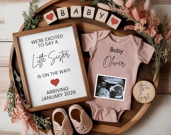 Girl Pregnancy Announcement Digital Baby Announcement Girl Gender Reveal Social Media Reveal Boho Editable Template Its a Girl Little Sister