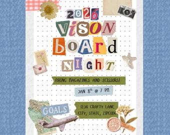 以下が含まれることがあります： 「2026 Vision Board Night」イベントのコラージュ風招待状。切り抜かれた文字、カメラ、花、星などの装飾要素、そして「雑誌とハサミを持ってきて！」というテキストが特徴です。イベントは1月8日午後7時に開催されます。