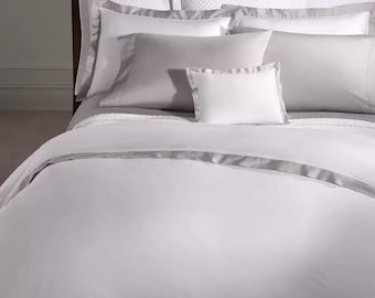 Ralph Lauren 624TC 100% Organic Cotton Sateen Border King Duvet Cover Platinum/White