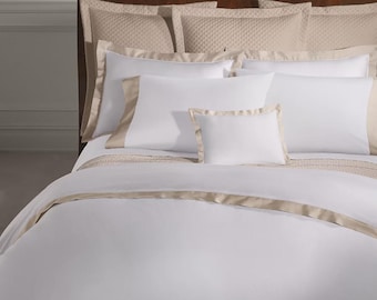 Ralph Lauren RL 100% Organic Sateen Border Full/Queen Duvet Cover Coastal Sand/White