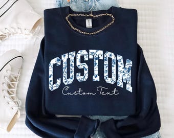 Blue toile floral Custom Sweatshirt, Personalized trendy crewneck, Retro Sweatshirt, Vintage Sweatshirt, Personalized Writing Saying Shirt