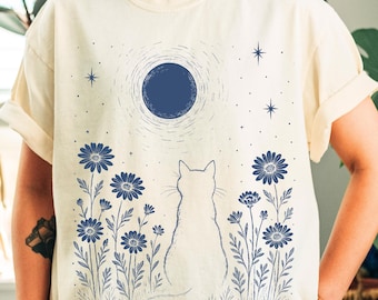 Comfort Colors Cat Shirt: Moon & Floral Whimsical Tee