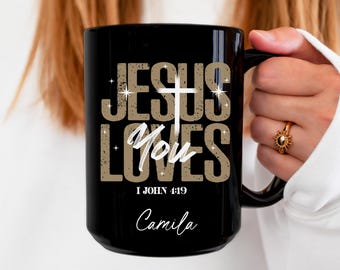 Taza personalizada «Jesús te ama», taza de café cristiana negra, taza con versículo bíblico, regalo cristiano para él y para ella, taza con versículo bíblico, regalo navideño de fe