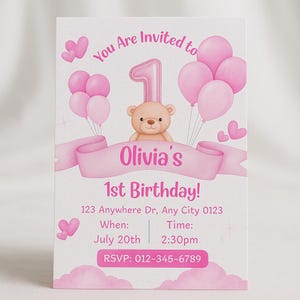 Convite de 1º aniversário de ursinho rosa | Convite editável para aniversário de menina | Cartão de primeiro aniversário para imprimir | Convite para festa de menina