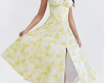 Summer Dress | Corset Midi Dress with Front Slit – Floral & Solid Options | Elegant Bustier Sundress | Summer Wedding Guest Dress