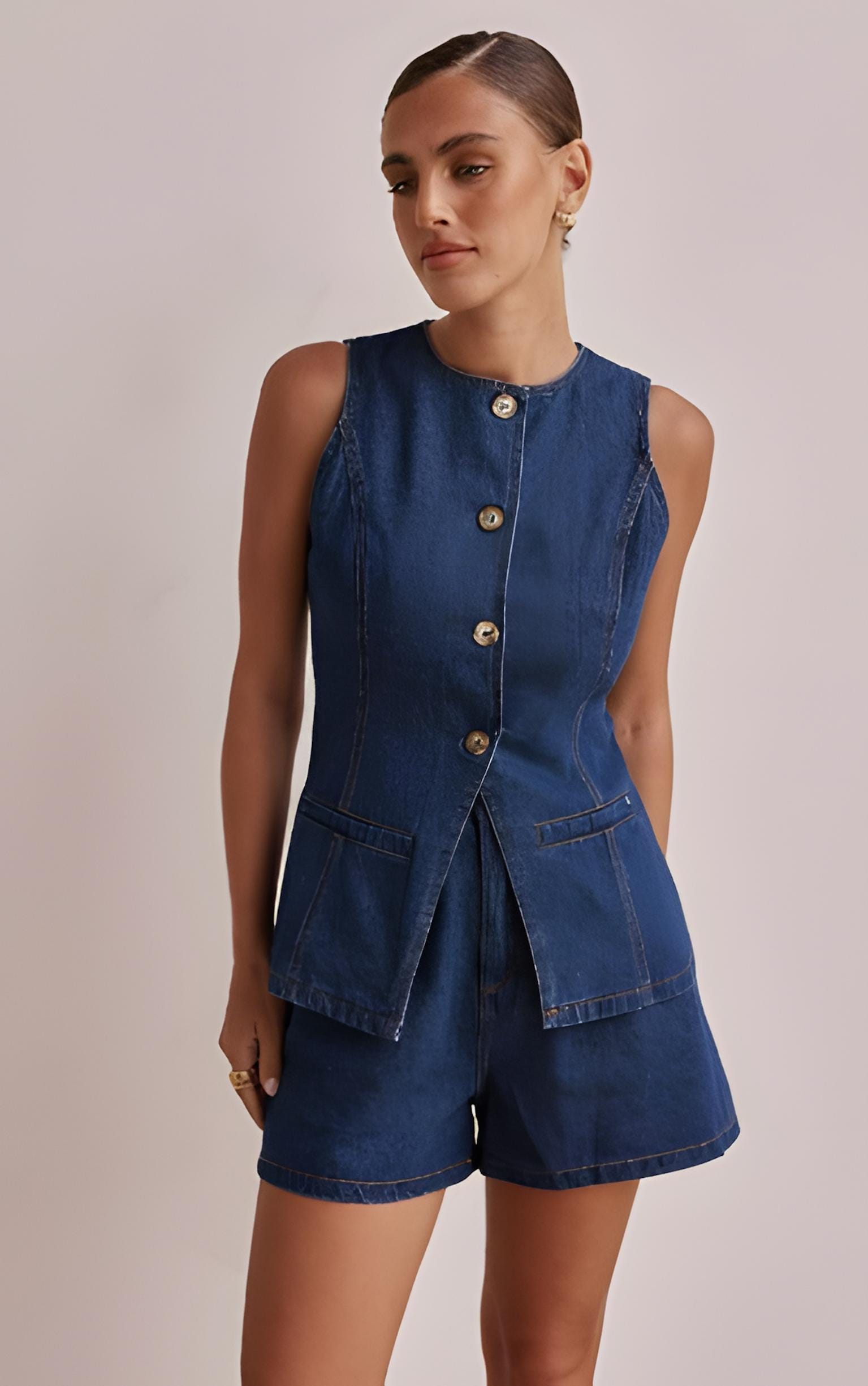 Sleeveless Denim Vest and Shorts Set – Structured Button-Up Top and High-Waisted Shorts | Summer Casual Two-Piece