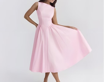 Elegant Summer Backless Midi Dress – Sleeveless Fit & Flare Evening Party Dress