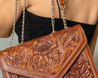 Handgemaakte leren crossbodytas voor dames | Mexicaanse leren tas met bloemengravure | Ambachtelijke westernschoudertas | Almary