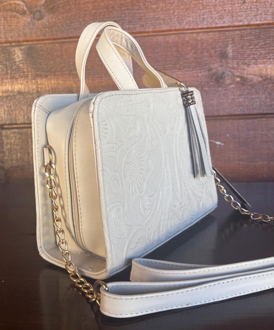 Bone-colored Handbag With Engraved Front – Sophisticated and ...