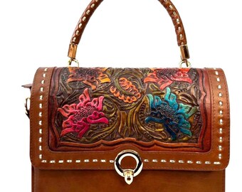 Western Tooled Leather Purse | Cowgirl Leather Handbag | Floral Hand Tooled Leather Bag | Western Leather Purse