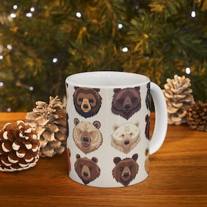 Bear Ceramic Mug – 11oz & 15oz Wildlife Coffee Cup – Cute Bear Animal Print  – Cozy Gift for Nature Lovers