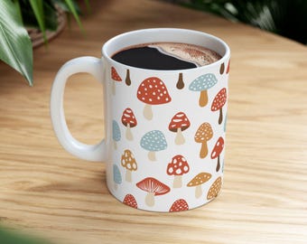 Whimsical Mushroom Mug – Colorful Ceramic Coffee Cup  – Cottagecore Toadstool Design – Fairycore Nature Lover Gift