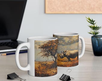 Watercolor Rhinoceros Mug: Artistic Safari Wildlife Coffee Cup