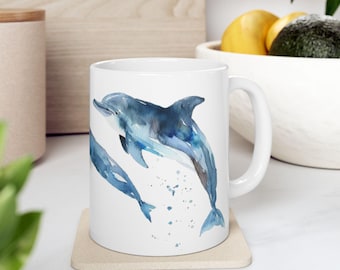 Watercolor Dolphin Mug: Ocean Animal Ceramic Coffee Cup - Beach Lover Gift
