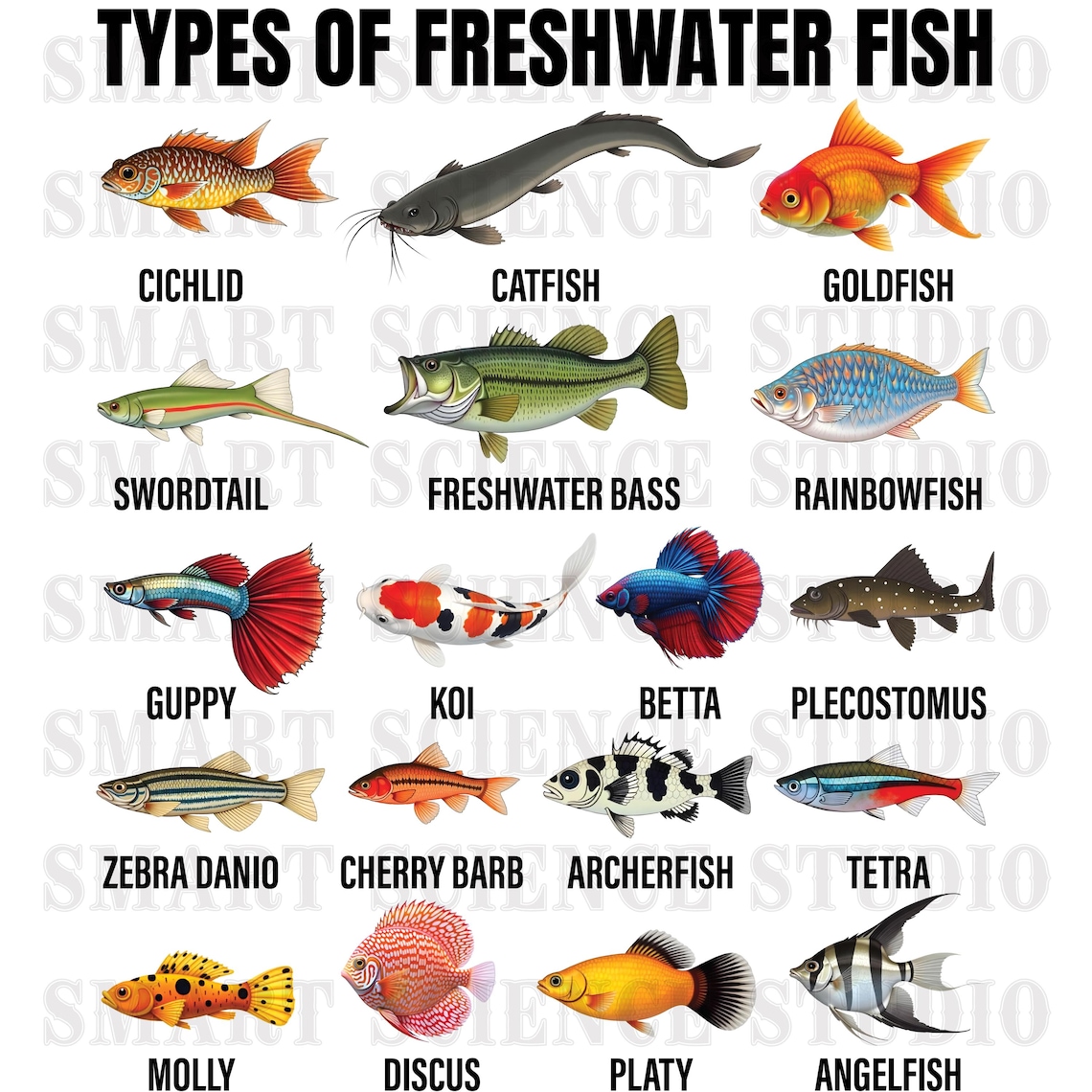 18 Types of Freshwater Fish Educational PNG Design, Fish Species ...