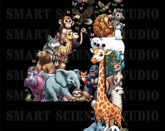 4 Years Old Birthday Design Jungle Animals PNG, Third Birthday Zoo Animal Clipart for Kids Party Decor - Transparent Background