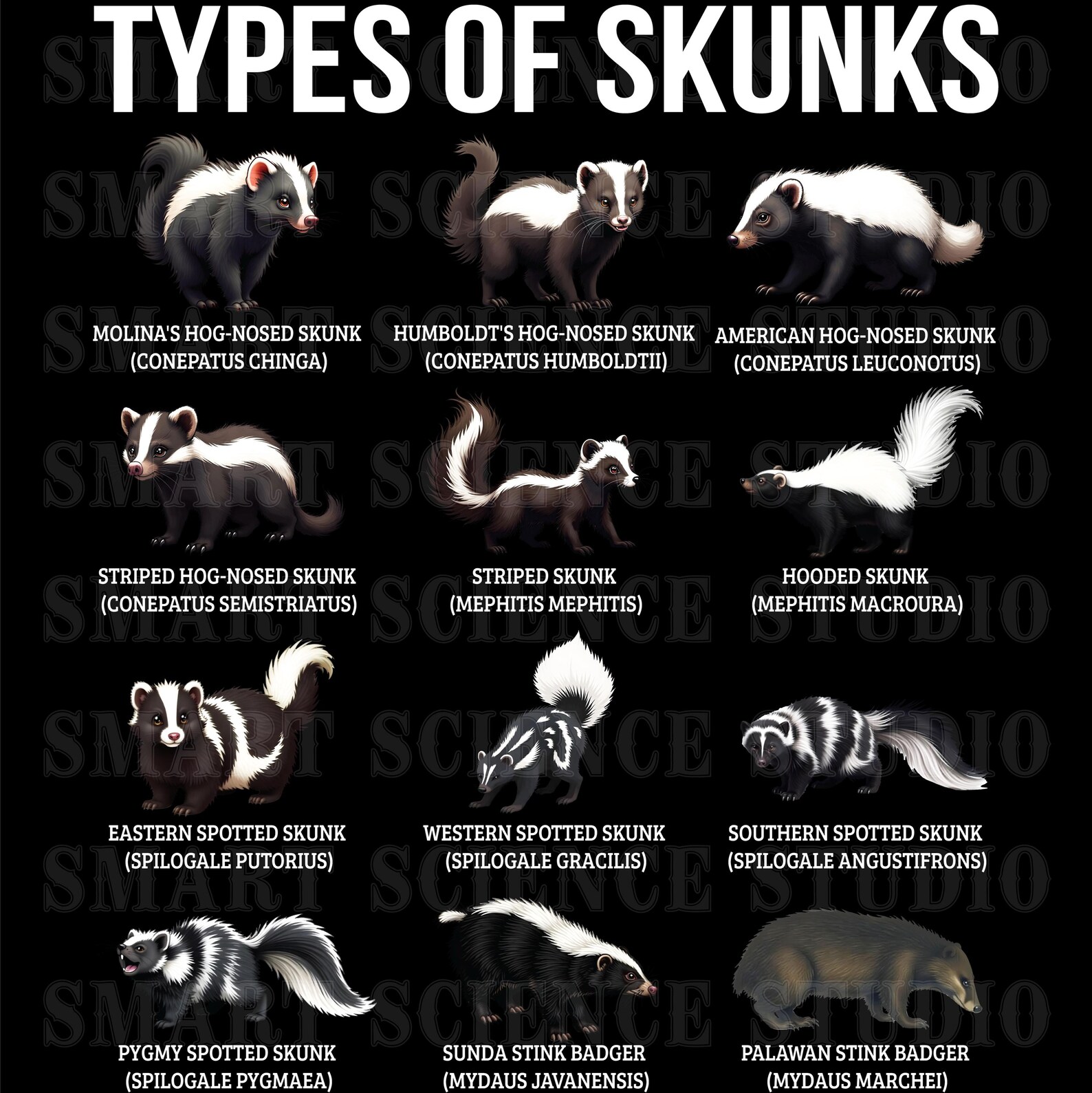 12 Types Of Skunks Educational PNG Design Skunk Species Wildlife Art 12 Types Of Skunks Educational PNG Design Skunk Species Wildlife Art