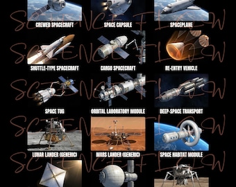 Types of Spacecraft PNG Design – Educational Space Vehicles Chart, Astronomy Illustration, Transparent Background for Prints