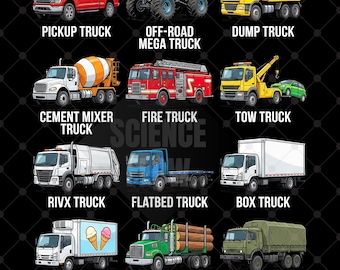 4 Truck PNG Designs Transparent Background, Types of Trucks Educational Design for T-Shirts