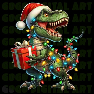 May include: A cartoon illustration of a green Tyrannosaurus Rex wearing a Santa hat and wrapped in Christmas lights. The dinosaur holds a red gift box with a white bow. The background is black.