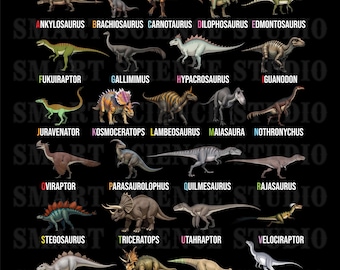 A to Z Types of Dinosaurs Educational Design PNG - Prehistoric Life Art Design for T-Shirts, Mugs & More - Transparent Background