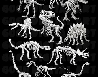 Dinosaur Skeletons Illustration PNG | 10 Species Prehistoric Bones Design for Halloween & Science Shirts