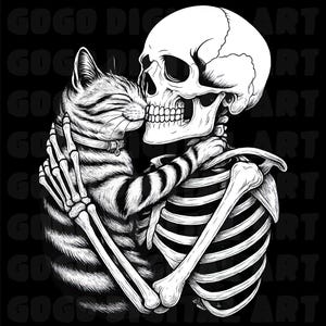 May include: Black and white illustration of a skeleton embracing a tabby cat. The skeleton's rib cage and skull are detailed, while the cat has striped fur and a collar. The image is set against a black background, creating a striking contrast.