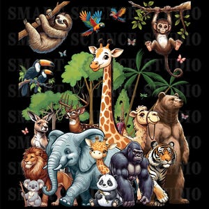 Op de afbeelding: Een kleurrijke illustratie van diverse dieren, waaronder een giraffe, een olifant, een beer en een tijger, tegen een zwarte achtergrond. Andere dieren zijn een luiaard, een aap, toekans en een panda. De afbeelding bevat de tekst "SMART SCIENCE STUDIO".
