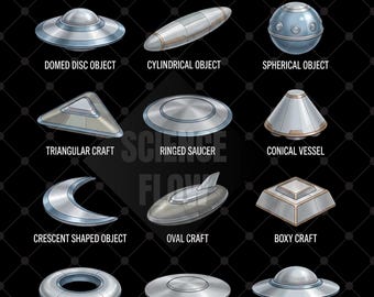 4 Types of Flying Saucers PNG Designs Transparent Background, UFO Shapes Educational Design for T-Shirts