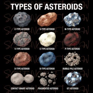 May include: An educational graphic on a black background displays various types of asteroids. The title "TYPES OF ASTEROIDS" is at the top. The image shows illustrations of C-type, S-type, M-type, V-type, E-type, P-type, D-type, B-type, Rubble-Pile, Contact Binary, Fragmented, and Icy asteroids.