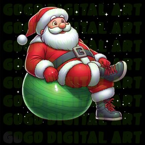 May include: A cartoon illustration of Father Christmas in a red suit with white trim, sitting on a green exercise ball. He wears grey trainers with red laces. The background is black with white stars.