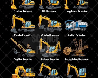 2 Excavator PNG Designs Transparent Background, Types of Excavators Educational Design for T-Shirts