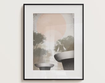 Japandi Crane Wall Art: Minimalist Sun & Trees Poster